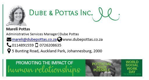Dube and Pottas Banner World Social Work Day - Exclaimer Email Signature