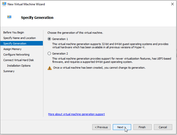 Virtual Switch Manger Hyper-V Create Generation 1 VM