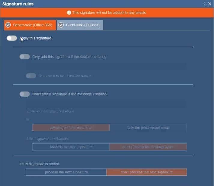 Toggle the Server Side Office 365 "Apply this Signature"