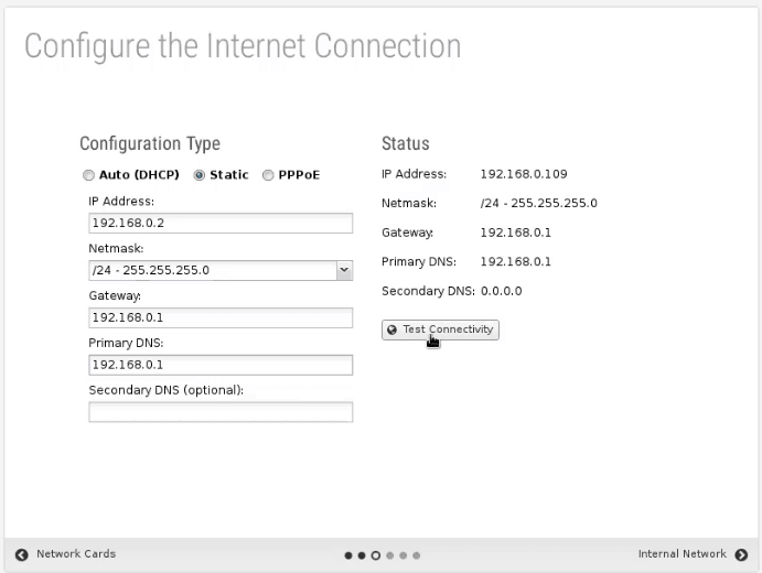 Untangle Internet connection page