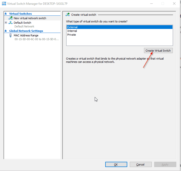 Virtual Switch Manger Hyper-V Create new Switch