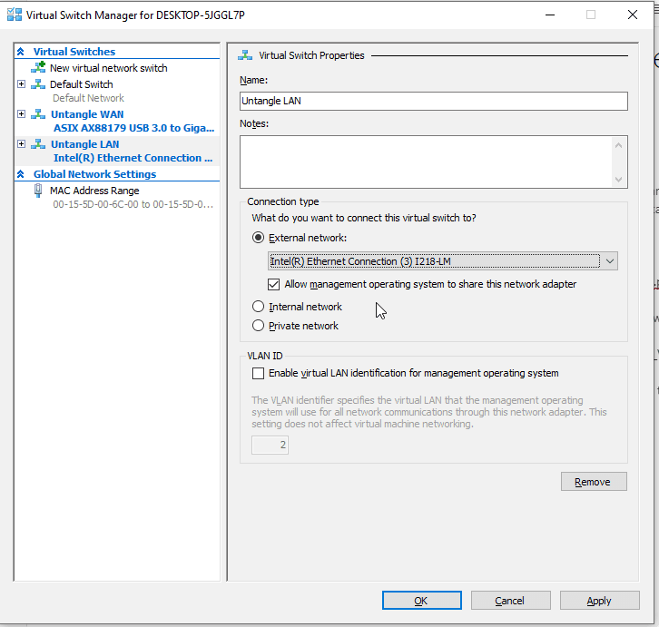 Virtual Switch Manger Hyper-V Add new Switch