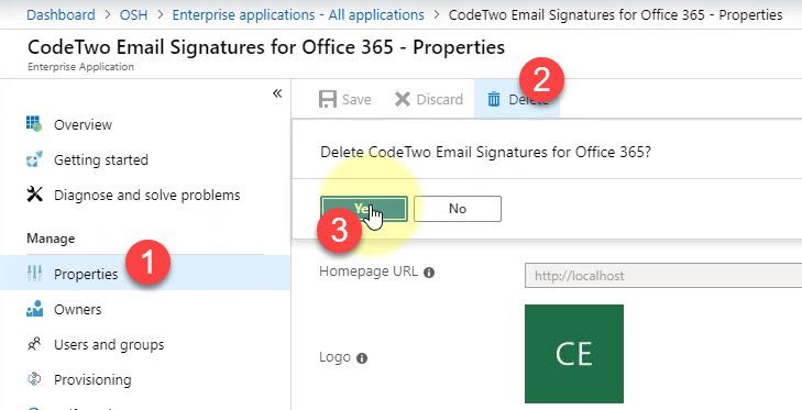 Azure Active Directory Admin Center - Enterprise Applications - Delete CodeTwo Applications