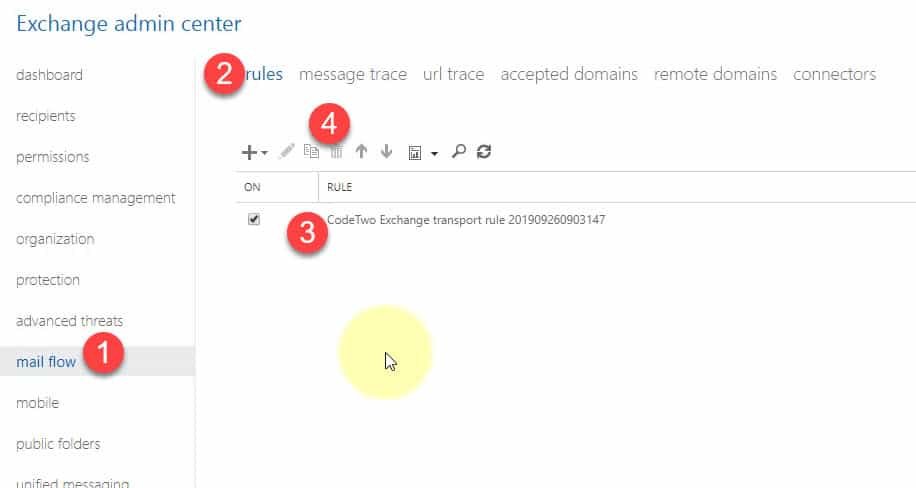 Exchange Admin Center - Mail Flow - Transport Rules