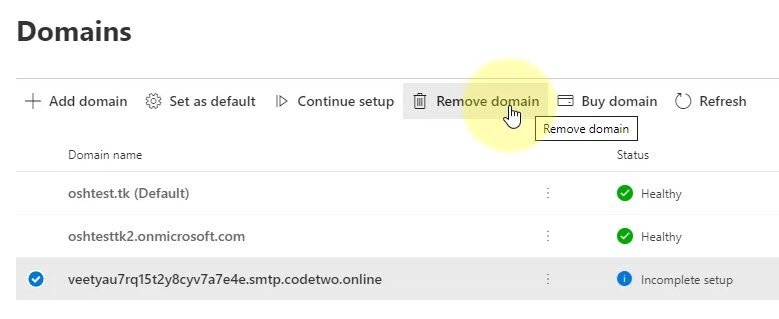 Office 365 Admin Center - Domains - Remove CodeTwo Domain