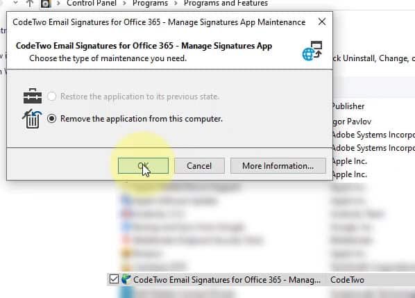 Uninstall CodeTwo Manage Signatures App